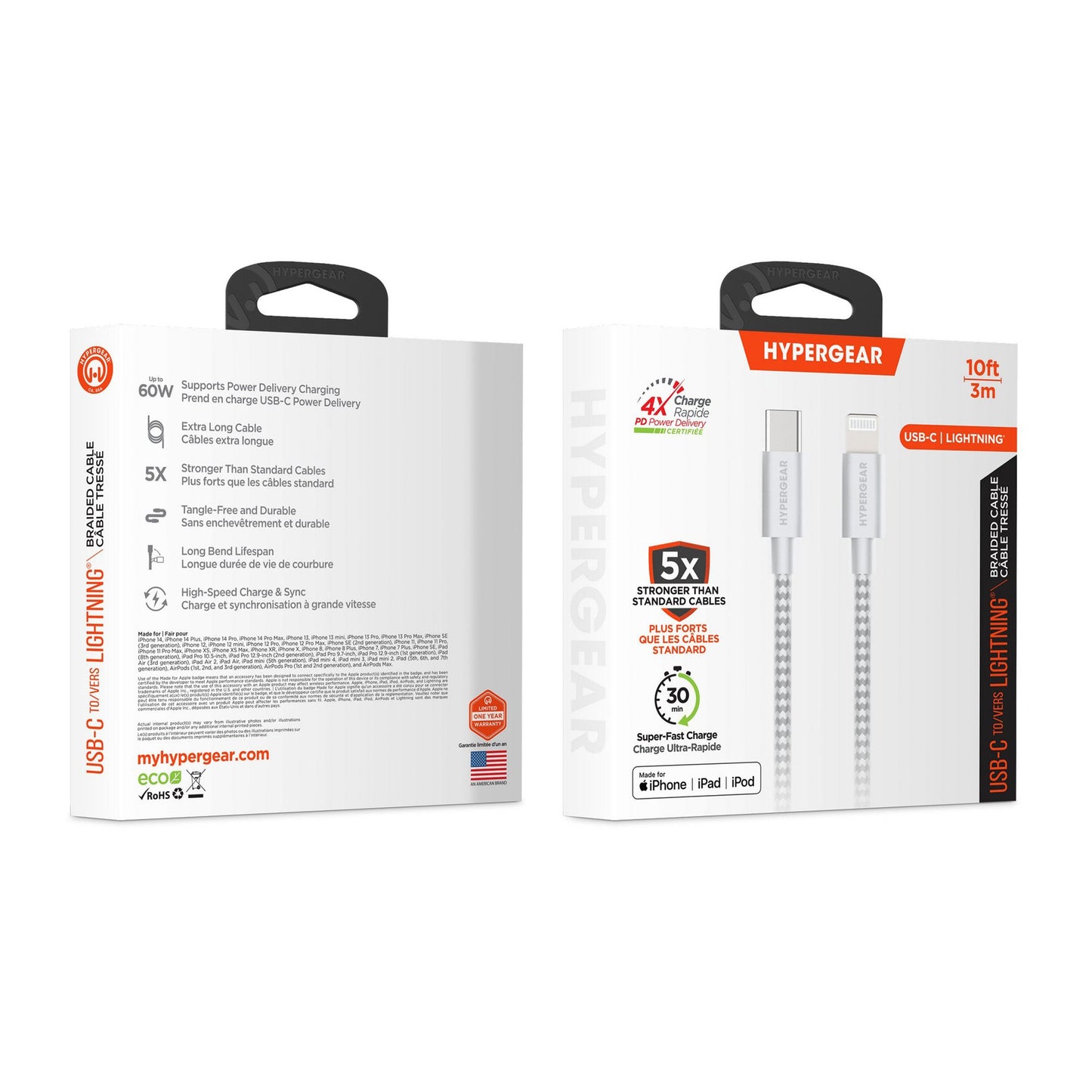 HyperGear 10 ft. 300cm USB-C to Lightning Braided Charge and Sync Cable - White