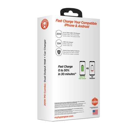 HyperGear 20W White Dual Port USB-A + USB-C CLA + Wall Charger Bundle Pack