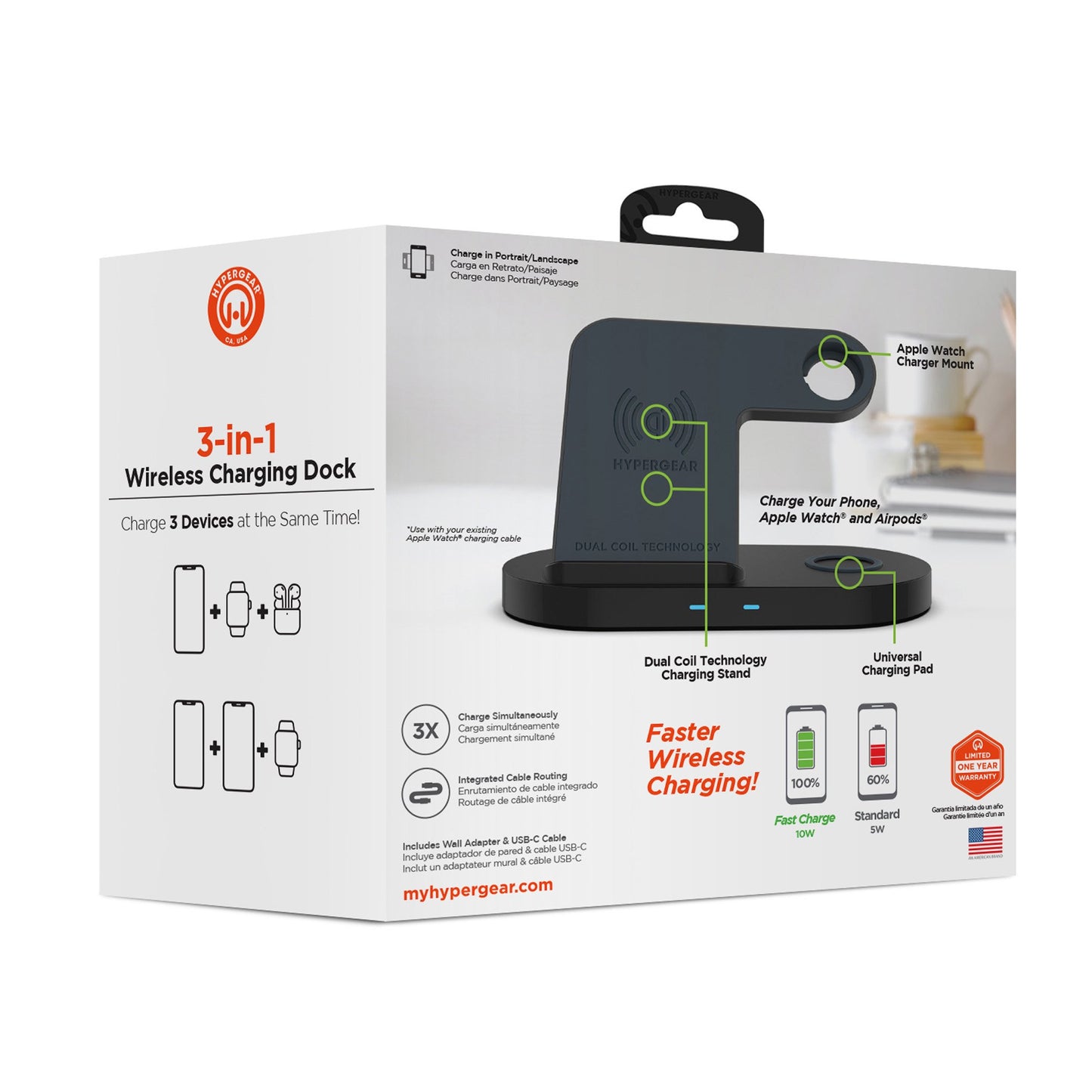 Hypergear 20W Black 3-in-1 Wireless Charging Dock for Phone, Watch + Wireless Headphones