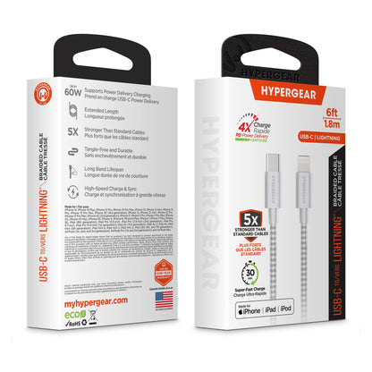 HyperGear 6 ft. 180cm USB-C to Lightning Braided Charge and Sync Cable - White