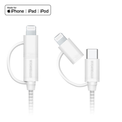 HyperGear 1 ft. 30cm 2-in-1 USB-C to USB-C + USB-C to Lightning Braided Charge and Sync Cable