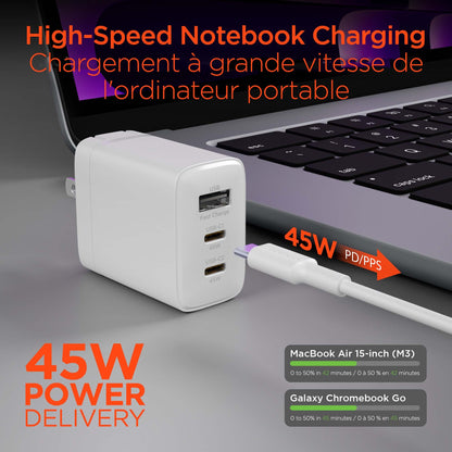 HyperGear 45W Multi Port Dual USB-C + Single USB-A Wall Charger Travel Hub - White