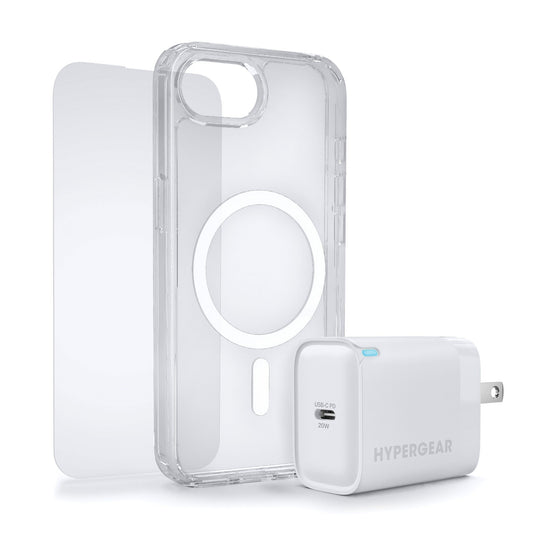 iPhone 16e HyperGear Accessory Bundle - 20W Hub, Glass, Case w/ Magsafe