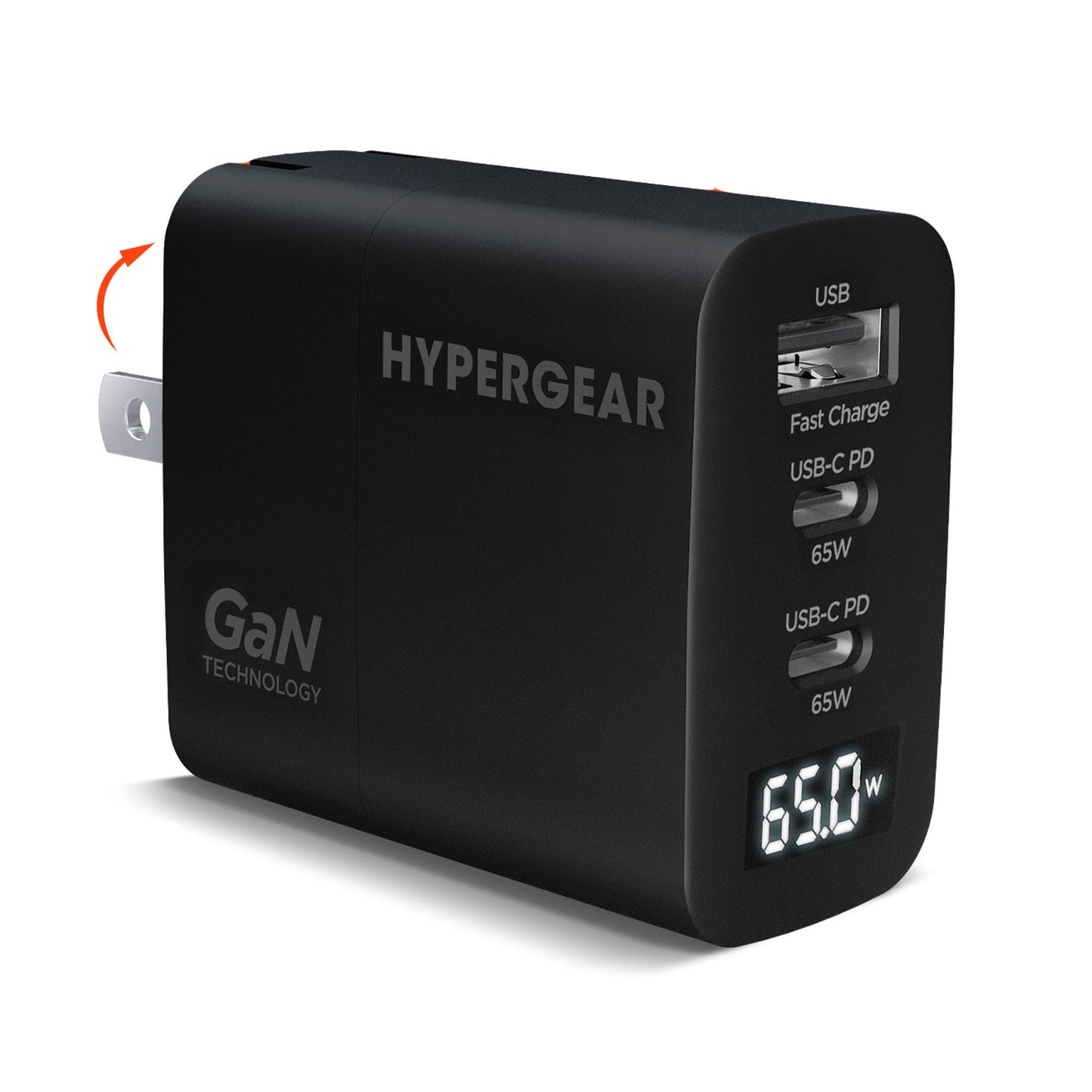 HyperGear 65W Multi Port Dual USB-C + Single USB-A Wall Charger Travel Hub w/ LCD Screen - Black