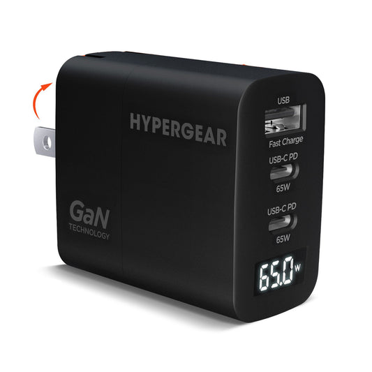 HyperGear 65W Multi Port Dual USB-C + Single USB-A Wall Charger Travel Hub w/ LCD Screen - Black